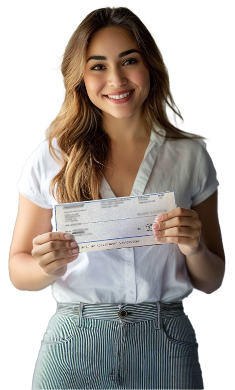 A woman holding an insurance claim check for storm damage to her house.